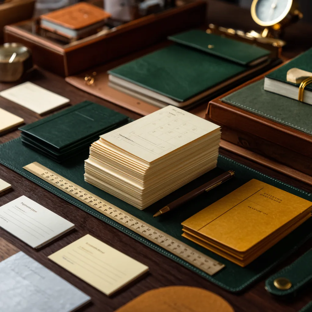 Cream index cards and legal workflow materials arranged on a green desk