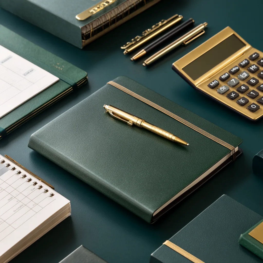 Organized monthly legal planning materials on a dark green desk